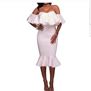 White ruffle off the shoulder midi dress